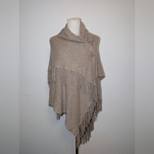 100% Cashmere Taupe Brown Fringe Poncho With Buttons